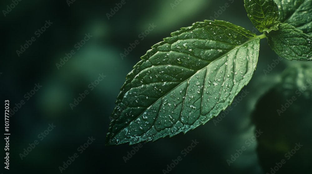 A leaf is shown in a green background with raindrops on it A leaf is shown in a green background with raindrops on it
