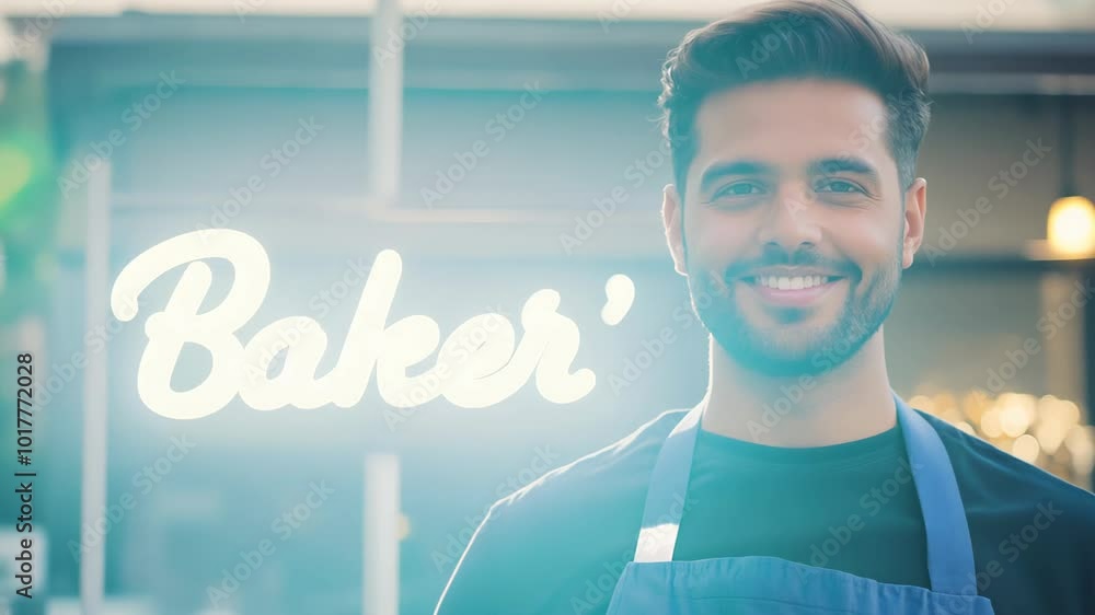smiling male baker wearing a blue apron stands in front of a neon smiling male baker wearing a blue apron stands in front of a neon