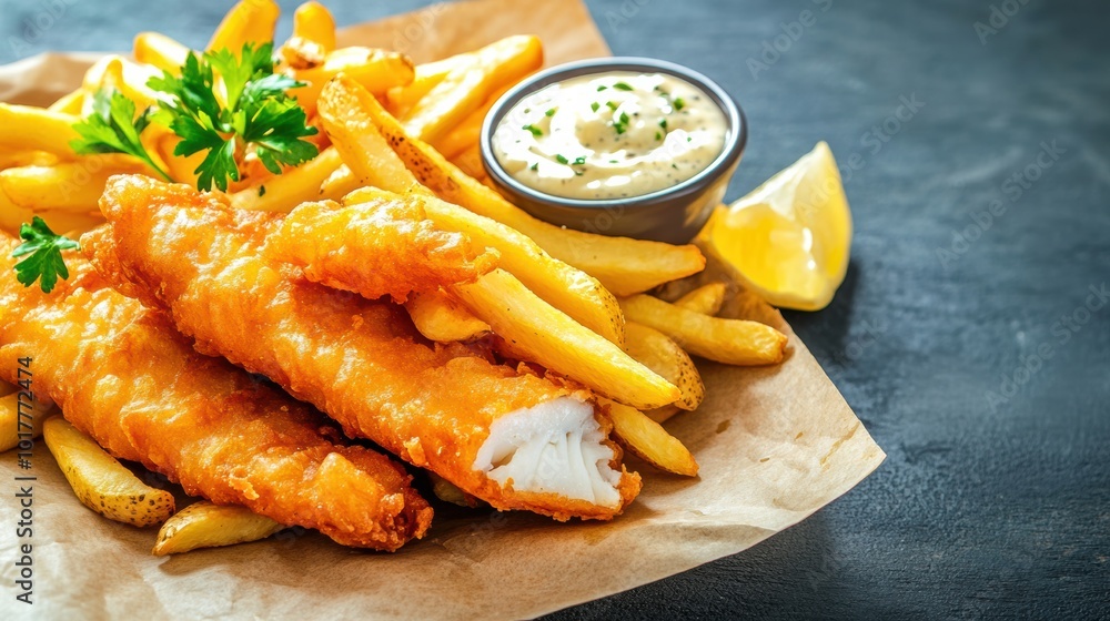 Crispy Fish and Chips with Tartar Sauce on Parchment Paper, AI Crispy Fish and Chips with Tartar Sauce on Parchment Paper, AI