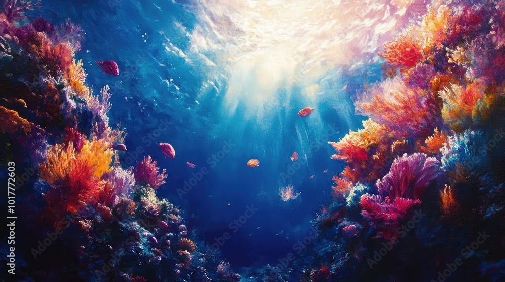 Low-angle view of vibrant coral reefs, impressionist brushstrokes, ethereal light, marine life dance Low-angle view of vibrant coral reefs, impressionist brushstrokes, ethereal light, marine life dance