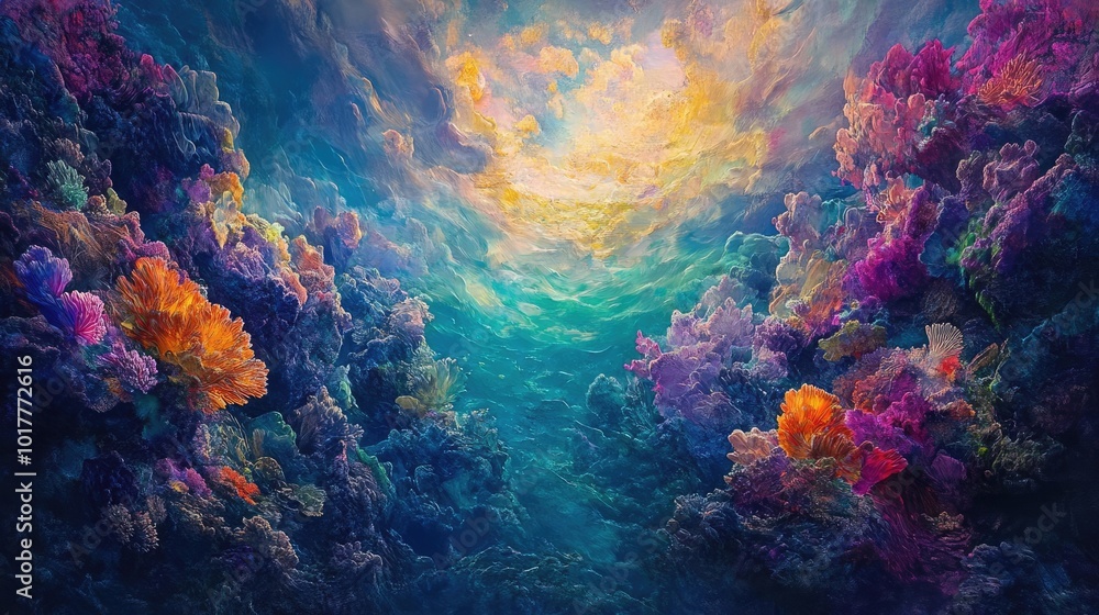 Low-angle view of vibrant coral reefs, impressionist brushstrokes, ethereal light, marine life dance Low-angle view of vibrant coral reefs, impressionist brushstrokes, ethereal light, marine life dance