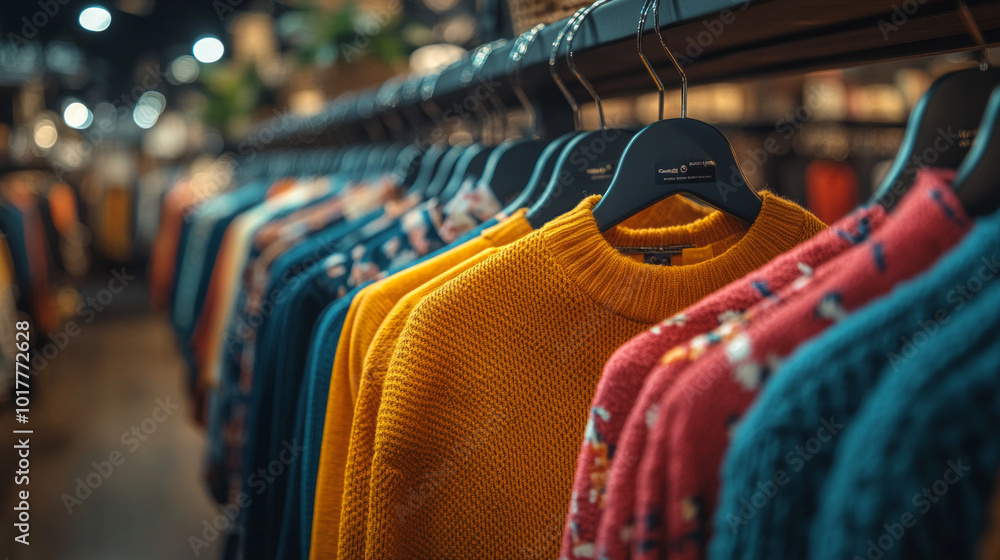 A rack of clothes with a yellow sweater hanging from it A rack of clothes with a yellow sweater hanging from it