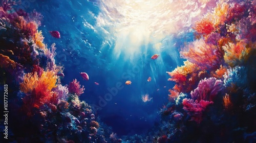 Low-angle view of vibrant coral reefs, impressionist brushstrokes, ethereal light, marine life dance