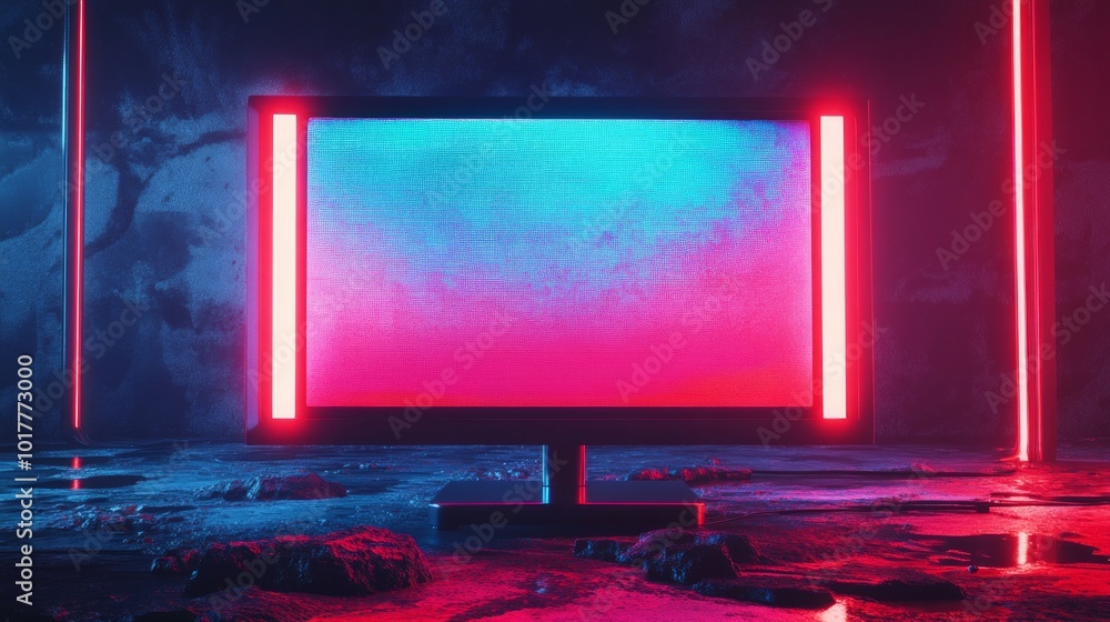 A computer monitor with a blue screen and red lights surrounding it A computer monitor with a blue screen and red lights surrounding it