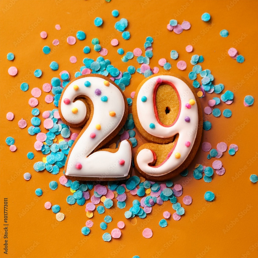 Decorated cookie, number 29, image for birthday or anniversary celebration Decorated cookie, number 29, image for birthday or anniversary celebration