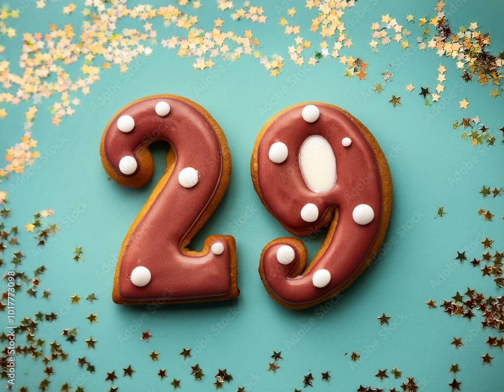 Decorated cookie, number 29, image for birthday or anniversary celebration Decorated cookie, number 29, image for birthday or anniversary celebration