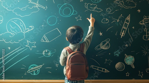 A young child raises his hand in the air, has an idea, draws a space-themed picture on a blackboard with chalk, with a school-themed background