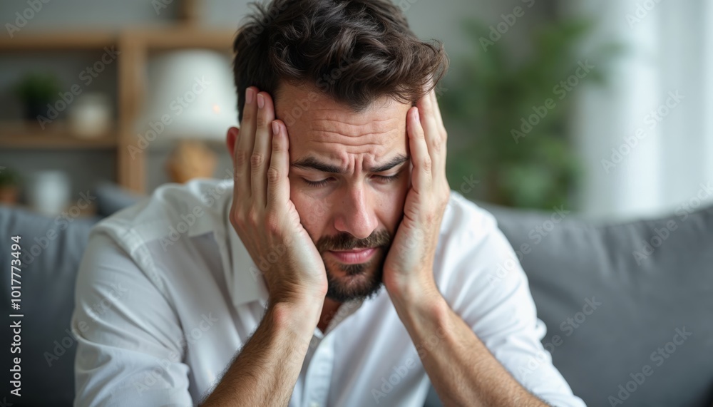 Worried businessman holding his head, feeling stressed and overwhelmed Worried businessman holding his head, feeling stressed and overwhelmed