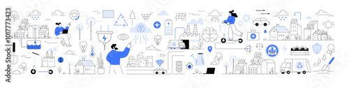 Urban sustainability, smart infrastructure, green buildings. People using technology in urban settings. Renewable energy, transportation, healthcare and communication. Urban planning, smart technology