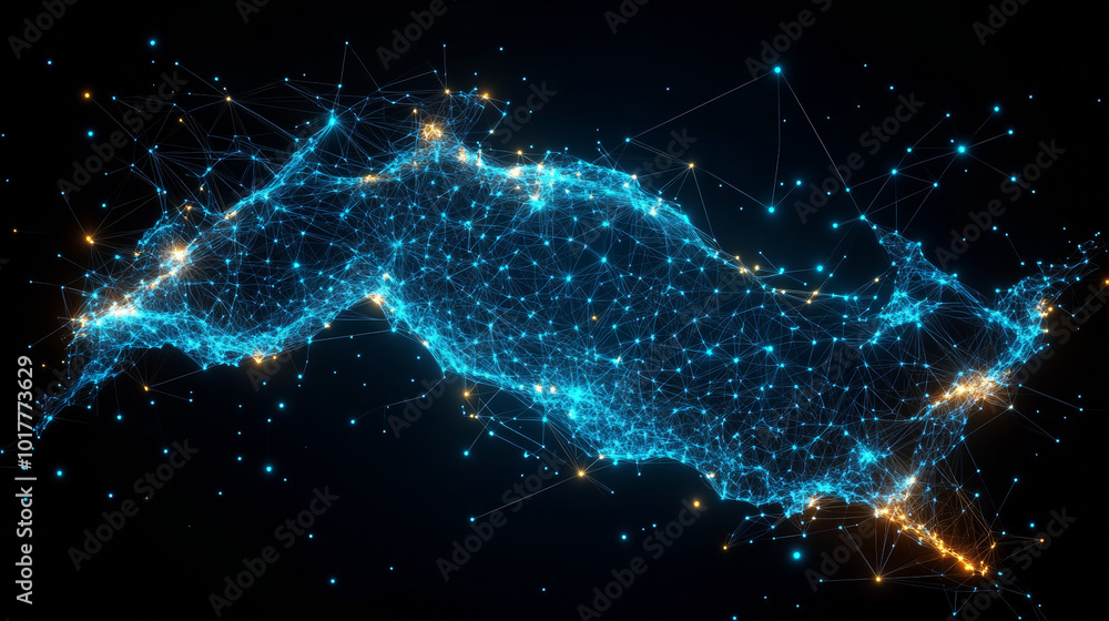 A modern, stylized map of Indonesia is created with glowing stars, lines, dots, and triangles. It represents the interconnectedness of communication and technology in the country.low poly wireframe. A modern, stylized map of Indonesia is created with glowing stars, lines, dots, and triangles. It represents the interconnectedness of communication and technology in the country.low poly wireframe.