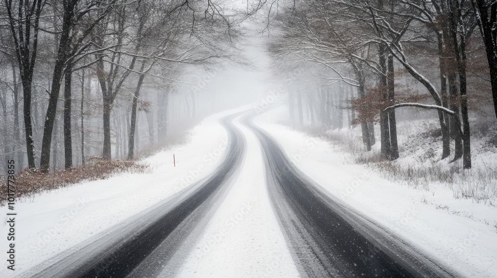 A winding road through a snowy landscape, surrounded by trees, creating a serene and tranquil winter scene. A winding road through a snowy landscape, surrounded by trees, creating a serene and tranquil winter scene.