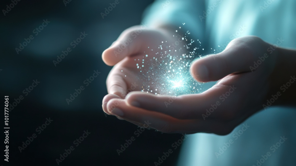 Healing energy flowing from hands onto body, creating glowing effect. This captures essence of energy transfer and wellness