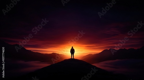 Silhouette of Person on Mountain Peak at Sunrise with Fog