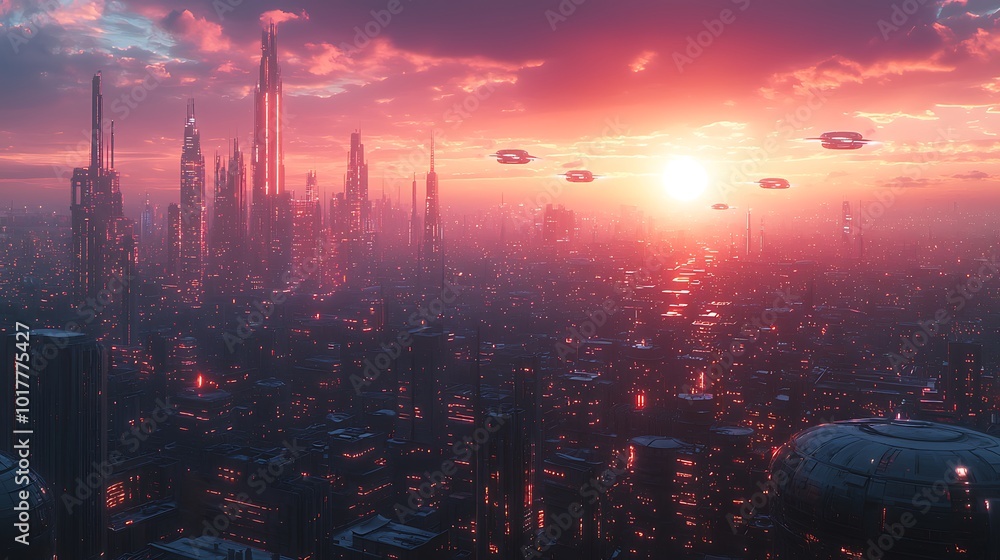 Futuristic Cityscape at Sunset with Flying Vehicles Futuristic Cityscape at Sunset with Flying Vehicles