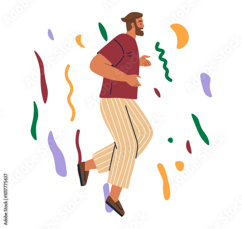 Celebration concept. A man is joyfully dancing surrounded by colorful confetti on a white background. Ideal for party invitations, festive occasions, joyful moments, dance events, and happiness photo