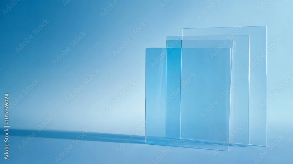 Three clear glass panels are arranged in a row on a blue background Three clear glass panels are arranged in a row on a blue background