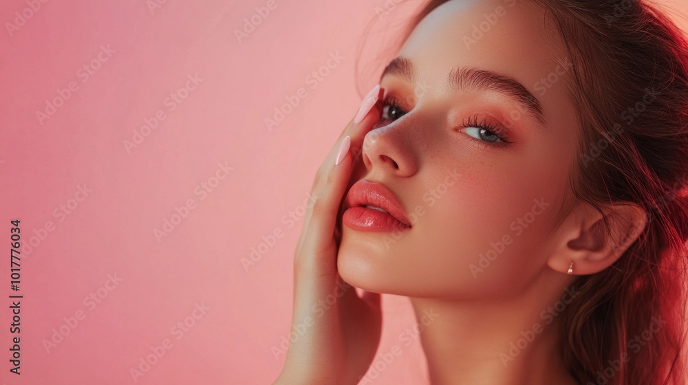 A woman with long brown hair and a pink background A woman with long brown hair and a pink background
