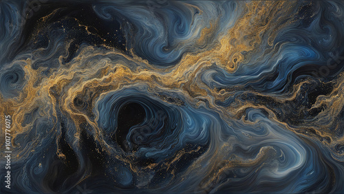 Fluid Flowing Black and Golden Abstract Background, Galactic Cosmic Formation photo