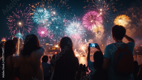 Spectacular fireworks illuminate the night sky over a city skyline as people gather by the water to enjoy the vibrant display