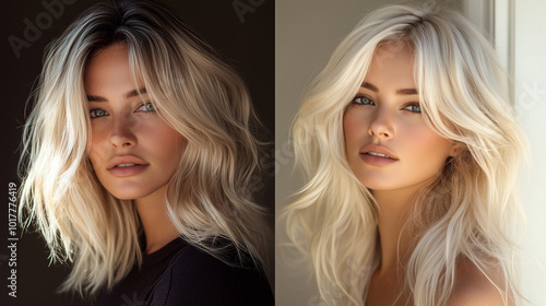 Blonde woman before and after salon visit hair coloring cut and keratin treatment Isolated on light background. Concept Hair Transformation. Salon visit. Before and After. Hair Coloring 