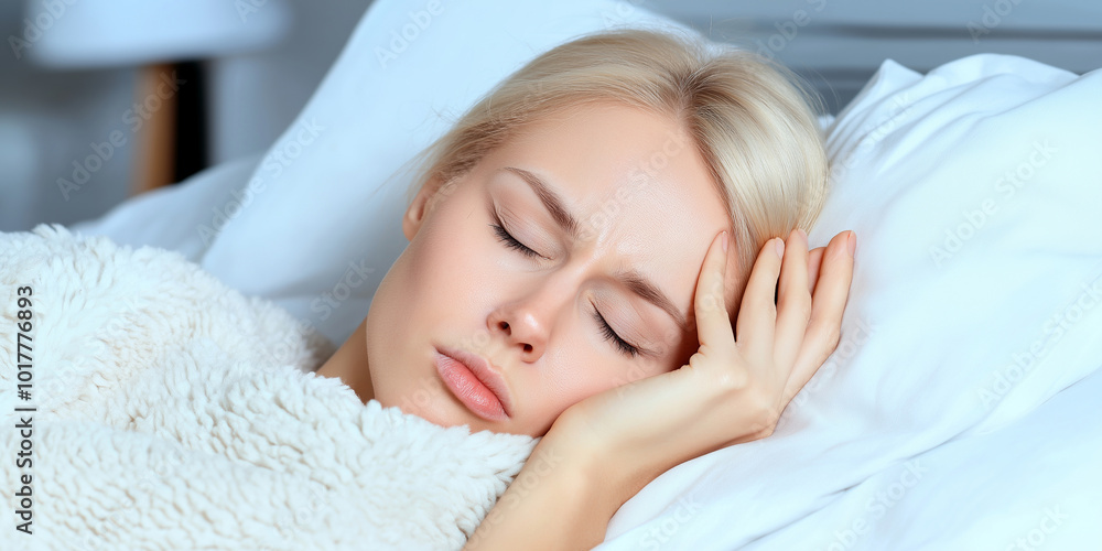 Woman sleep in white bed. Healthy or ill concept. Flu symptoms and fatigue during illness. Health and wellness. For banner, poster. Headache Woman sleep in white bed. Healthy or ill concept. Flu symptoms and fatigue during illness. Health and wellness. For banner, poster. Headache