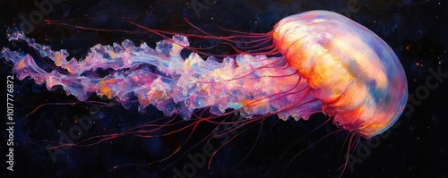 Side view of a vibrant jellyfish, impressionist techniques, ethereal lighting, captivating liquid hues, marinescaping beauty photo