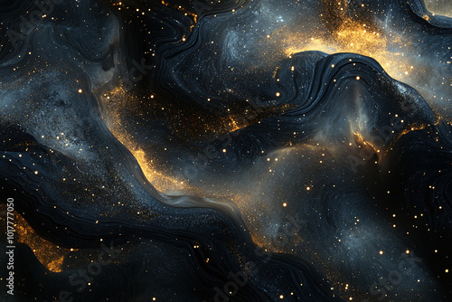 Fluid Flowing Black and Golden Elegant Luxurious Abstract Background, Galactic Cosmic Formation