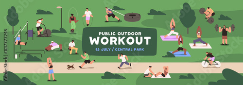 Design of web banner about street workout on ground. Horizontal event poster with advertising of public training in park. People do sport, physical exercises, practice yoga. Flat vector illustration
