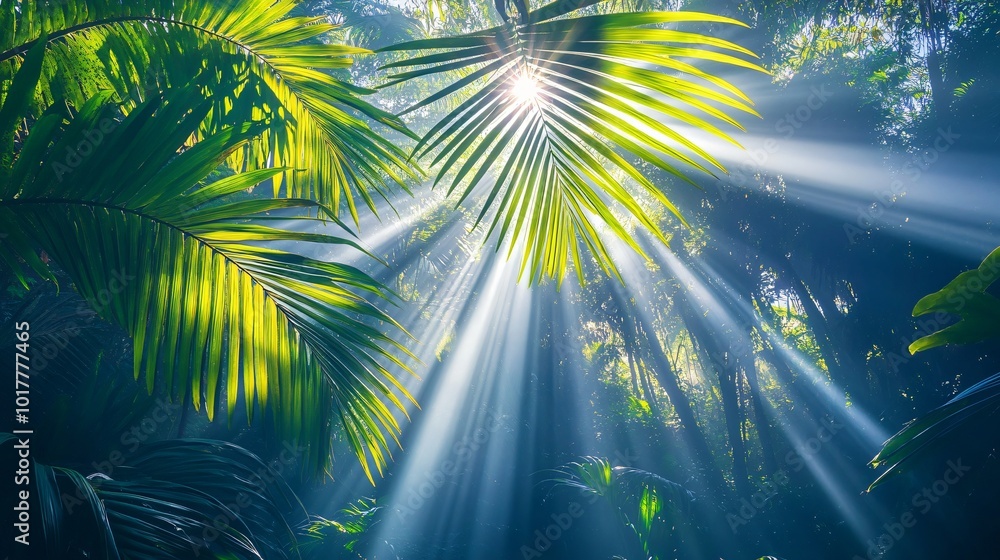 Sunbeams through lush palm leaves in a tropical forest. Sunbeams through lush palm leaves in a tropical forest.