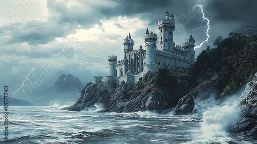 Majestic Castle on Cliffside with Thunderstorm and Ocean Waves