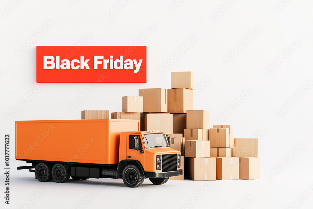 Packages stacked next to a delivery truck with a Black Friday sign, symbolizing logistics and sales promotions. Packages stacked next to a delivery truck with a Black Friday sign, symbolizing logistics and sales promotions.