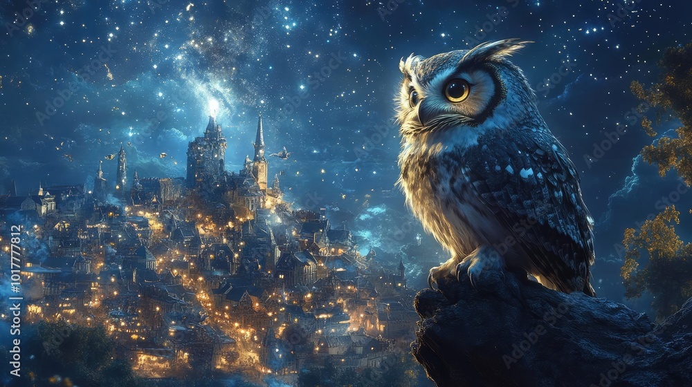 Tilted angle view of a wise owl observing a bustling animal city scene, enigmatic interactions unfolding beneath the stars, intricate details amaze Tilted angle view of a wise owl observing a bustling animal city scene, enigmatic interactions unfolding beneath the stars, intricate details amaze