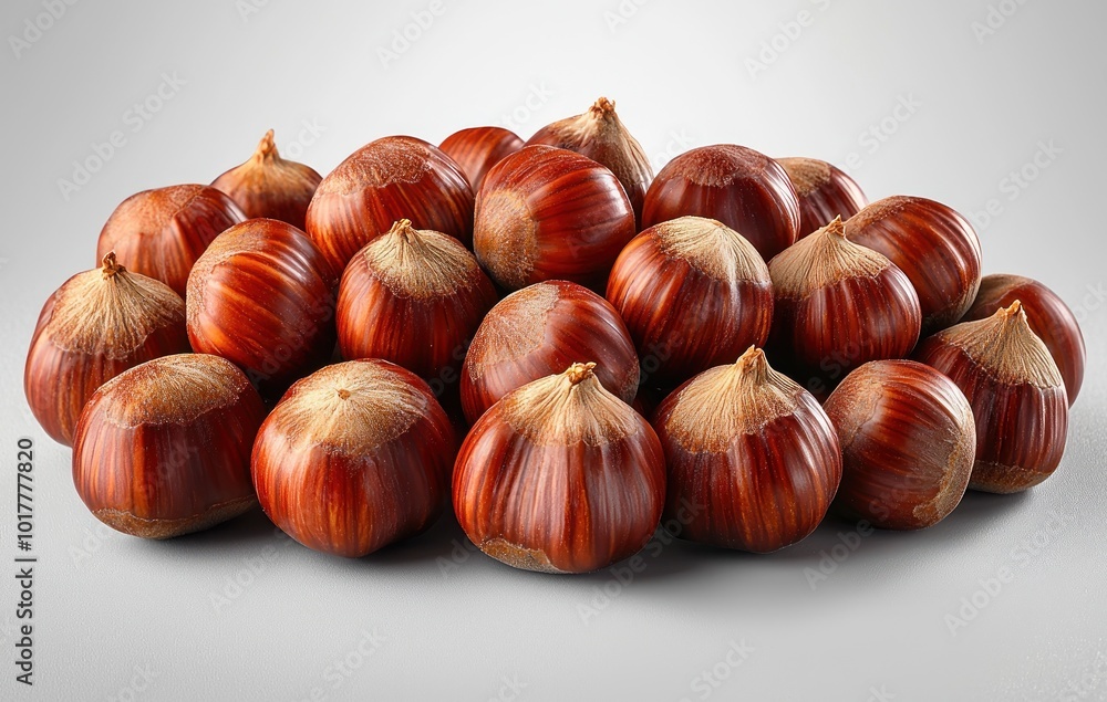 Obraz premium Four shiny chestnuts with textured brown shells arranged on a white surface Generative AI