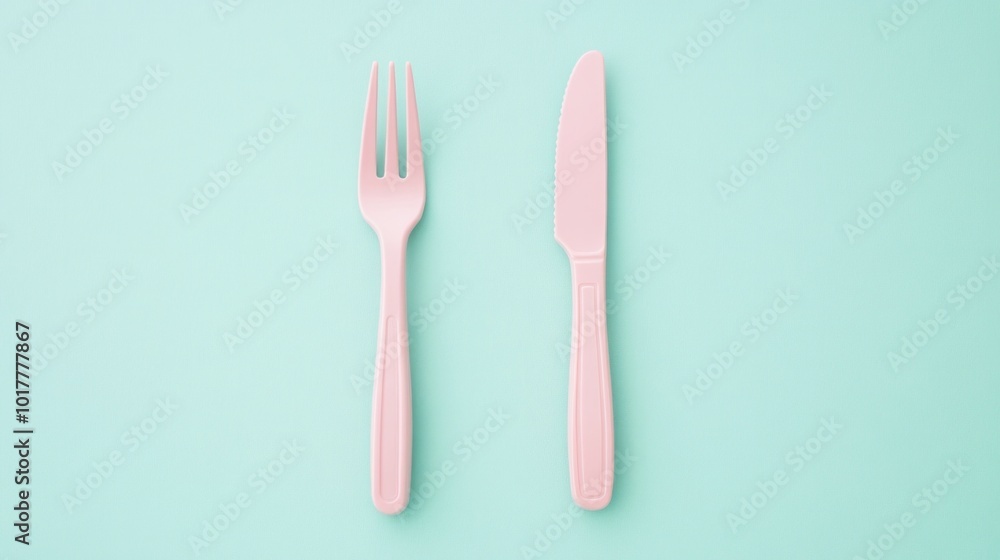 Two pink plastic utensils, a fork and a knife, are placed on a green background Two pink plastic utensils, a fork and a knife, are placed on a green background