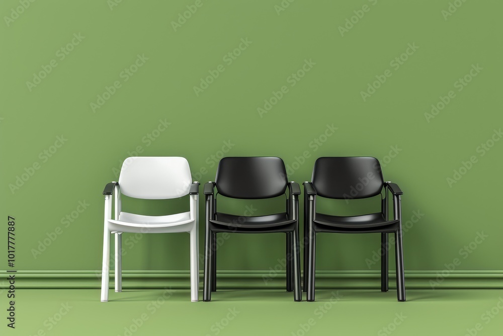 Contemporary Seating: A Row of Black Chairs Highlighted by a White One Contemporary Seating: A Row of Black Chairs Highlighted by a White One