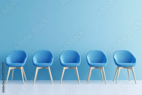 Stylish Blue Chairs in a Row, Minimalistic Interior Design