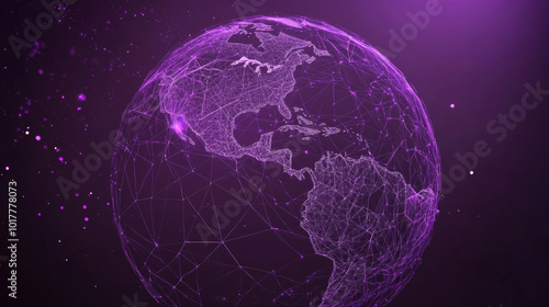 Web 3.0 is about a connected world where everything is online, like a purple globe from space. This new internet lets people connect with each other and share information globally.low poly wireframe. photo