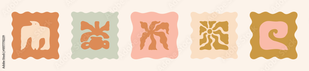 Boho Summer Beach Illustration Set. Geometric Bird, Sun, Seashell, Wave and Flower Pot. Vector Abstract Square Tropical Icons in Freehand Groovy Style for Logo, Print, Pattern, Poster, Web Design Boho Summer Beach Illustration Set. Geometric Bird, Sun, Seashell, Wave and Flower Pot. Vector Abstract Square Tropical Icons in Freehand Groovy Style for Logo, Print, Pattern, Poster, Web Design