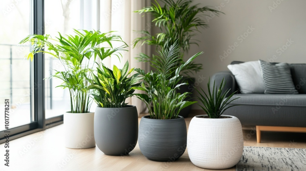 A living room with a variety of potted plants, including a tall palm tree A living room with a variety of potted plants, including a tall palm tree