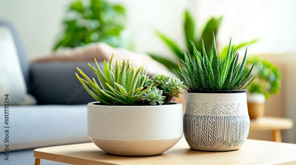 Two potted plants sit on a wooden table Two potted plants sit on a wooden table