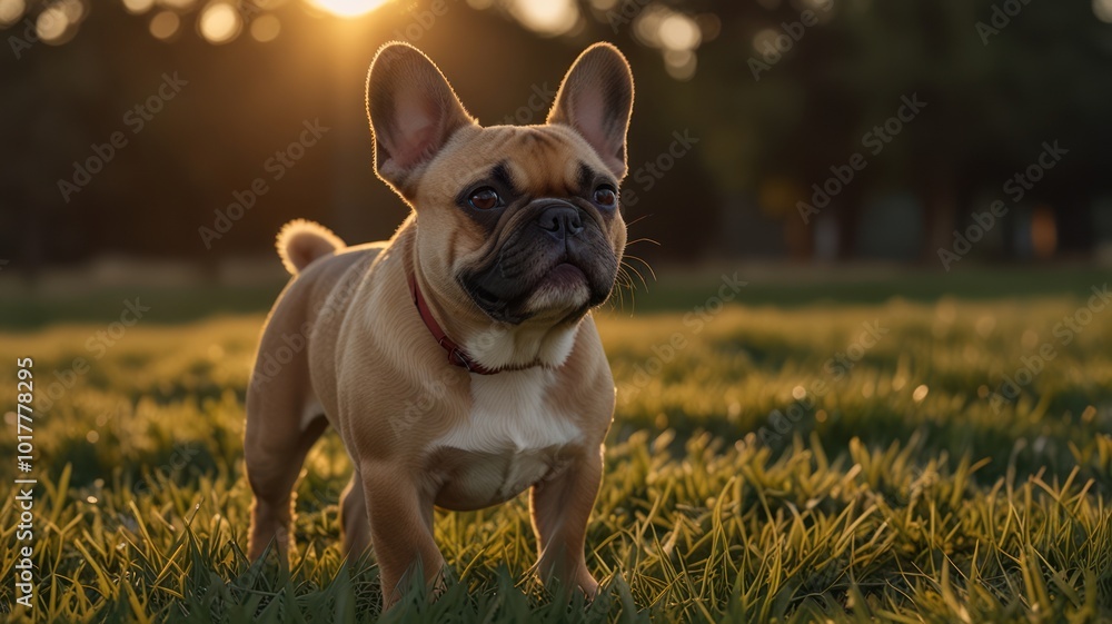 Fototapeta premium A French Bulldog stands in a grassy field, looking at the setting sun.