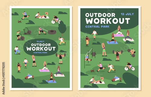 Public training outdoors poster designs set. Advertising of street workout event. People do fitness, practice yoga in park. Athletes do physical exercises at sport ground. Flat vector illustration