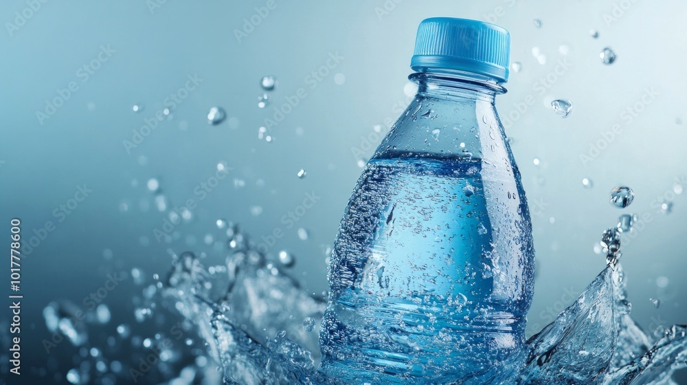 A bottle of water is sitting in a splash of water A bottle of water is sitting in a splash of water