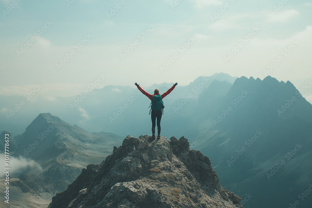 Hiker Standing on Mountain Peak, Celebrating Triumphantly with Arms Raised Up in Victory: Empowering, Freedom, Goal Achievement, Personal Growth Hiker Standing on Mountain Peak, Celebrating Triumphantly with Arms Raised Up in Victory: Empowering, Freedom, Goal Achievement, Personal Growth