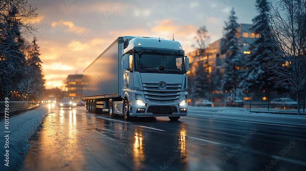 Delivery truck driving down an autumn tree-lined street with golden sunlight filtering through the leaves Generative AI Delivery truck driving down an autumn tree-lined street with golden sunlight filtering through the leaves Generative AI