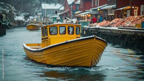 Yellow Fishing Boat in Snowy Harbor photo