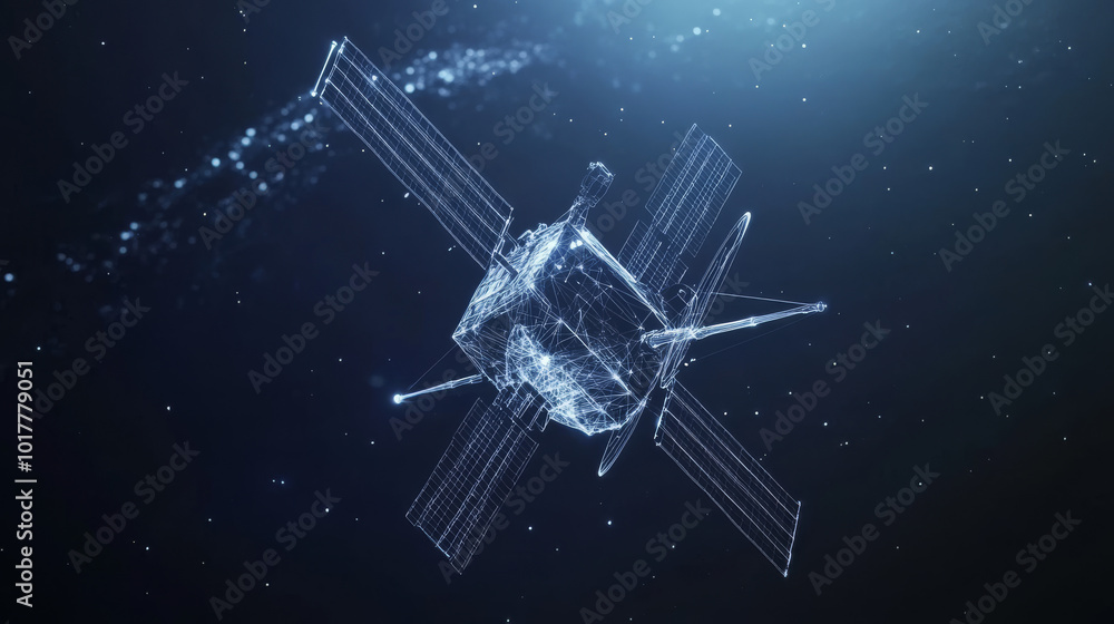 3D satellite,made of lines and dots,floats in space against a dark blue background.Represents how wireless technology,like satellites,connects us for mobile communication,internet low poly wireframe. 3D satellite,made of lines and dots,floats in space against a dark blue background.Represents how wireless technology,like satellites,connects us for mobile communication,internet low poly wireframe.