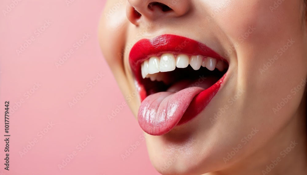 Playful Pink: A close-up of a woman's mouth with bright red lipstick, her tongue playfully sticking out, against a vibrant pink background. This image evokes a sense of fun, confidence. Playful Pink: A close-up of a woman's mouth with bright red lipstick, her tongue playfully sticking out, against a vibrant pink background. This image evokes a sense of fun, confidence.