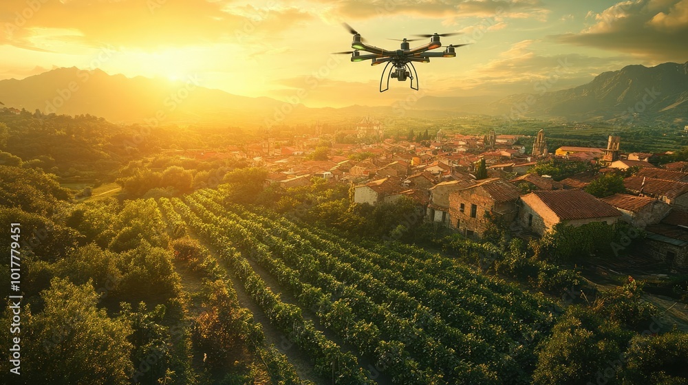 Fototapeta premium Wide-angle view of a lush countryside, drones delivering organic produce, vibrant skies above, blending technology and nature, stunning colors