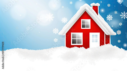 Cozy red house stands on top of snow drift on the background of winter landscape.Christmas greeting card.New Year banner with a sense of peace, tranquility and holiday magic. 